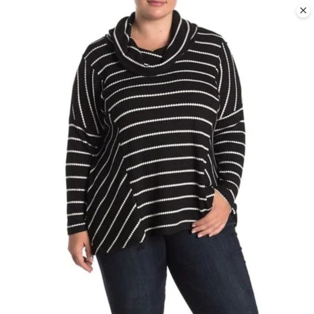 Catherine Malandrino Cowl Neck Tunic Sweater Black Ivory Stripe Knit 2X